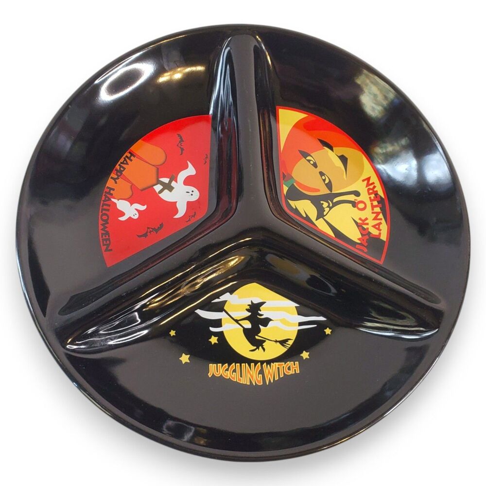 Target Halloween Serving Platter 2003 Upscale Ceramic 3-Section Witch Cat Ghost